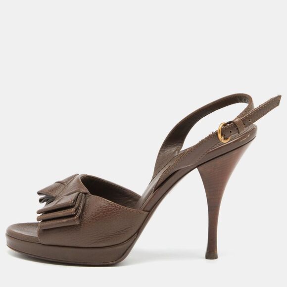 Saint Laurent Paris Y Bow Size 37.5 Brown Leather Ankle Strap Sandals